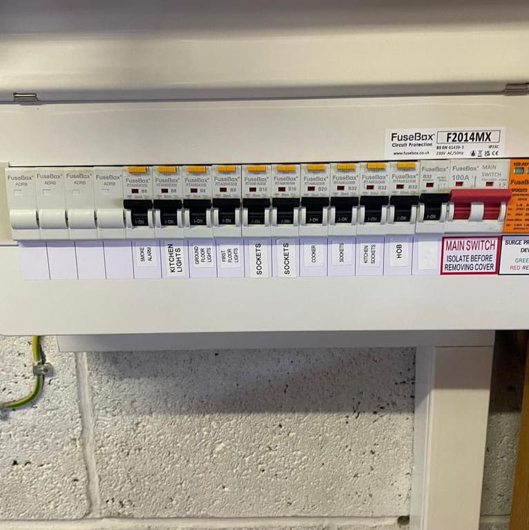 A FuseBox F2014MX consumer unit with its ways labelled, installed by NDS in Horbury